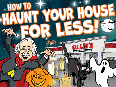 Ollie vampire, ghosts, black cat, and a store front, with text "How to haunt your house for less!"