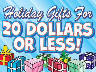 Promotional graphic for holiday gifts under $20 with colorful presents on a blue background.