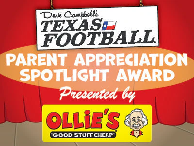 Dave Campbell's Texas Football Parent Appreciation Spotlight Award banner by Ollie's with fun, vibrant design.