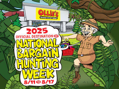 Colorful illustration of a man in the jungle celebrating National Bargain Hunting Week at Ollie's, August 11-17, 2025.