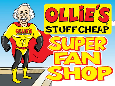 Ollie standing on edge of building in superhero costume with text that reads "Ollie's stuff cheap super fan shop"