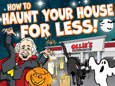 Ollie vampire, ghosts, black cat, and a store front, with text "How to haunt your house for less!"