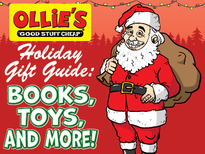 Ollie's holiday gift guide with Santa Claus on a red background