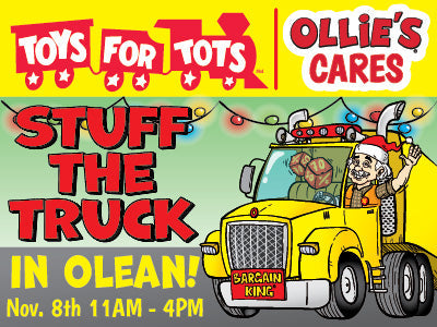 Banner with text: Toys for Toys, Ollie's Cares. Stuff the Trunk in Olean! Nov. 8th 11 am - 4 pm.