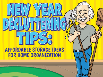 Cartoon character holding cleaning tools with text about new year decluttering tips on a yellow background