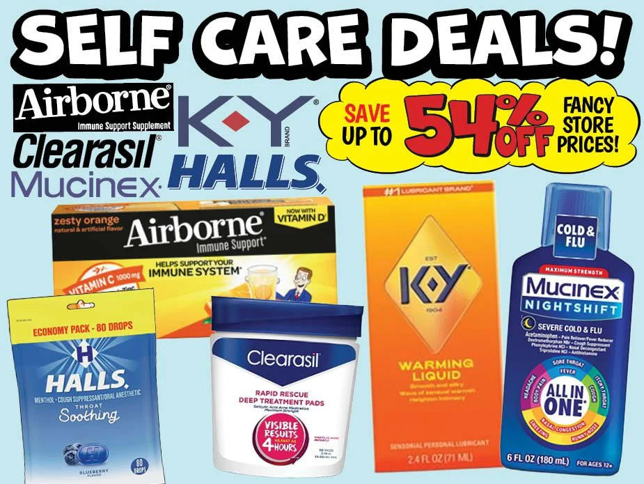 Image featuring Self Care Deals with brands like Airborne, Clearasil, KY, Halls, and Mucinex offering discounts up to 54% off.