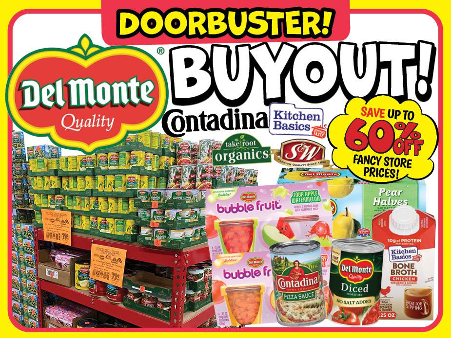 Canned food stacked on shelves, advertising significant discounts.