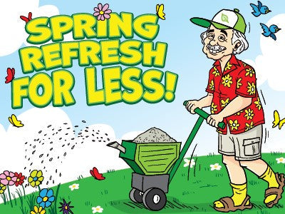 Cheerful elderly man in a flowered shirt pushing a wheelbarrow for a spring refresh.