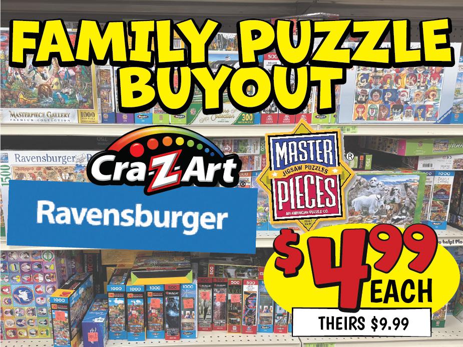 Colorful display of puzzles on sale for $4.99 each at the Family Puzzle Buyout event.