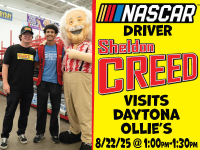 Sheldon Creed, NASCAR driver, visits Daytona Ollie's with fans on 8/22/25 from 1:00-1:30 PM.