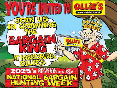 Colorful invitation graphic for Ollie's Bargain King event during National Bargain Hunting Week 2025.