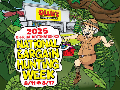 Colorful illustration of a man in the jungle celebrating National Bargain Hunting Week at Ollie's, August 11-17, 2025.