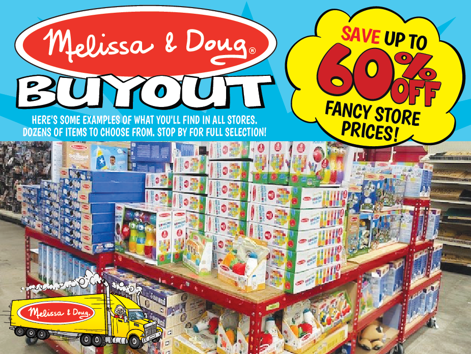 Melissa and Doug Buyout display showcasing toys and games with signs advertising up to 60% off fancy store prices.