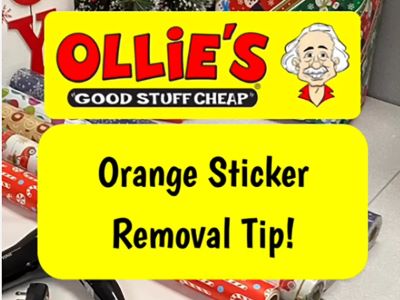 Image of wrapping paper with text: Ollie's good stuff cheap. Orange sticker removal tip!