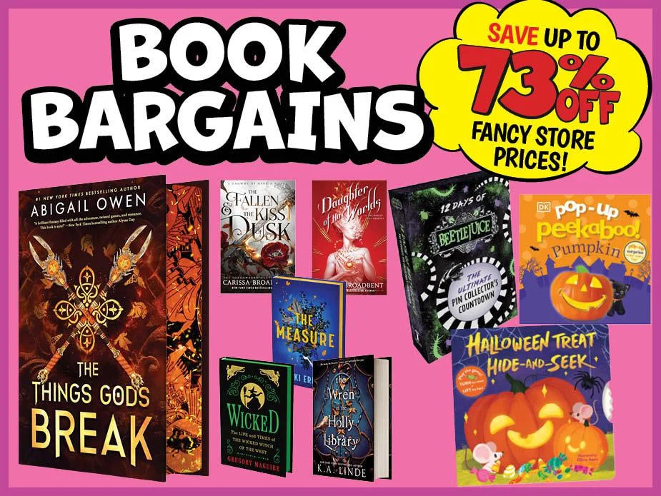 Book Bargains featuring various book titles and a sign for saving up to 73% off fancy store prices.