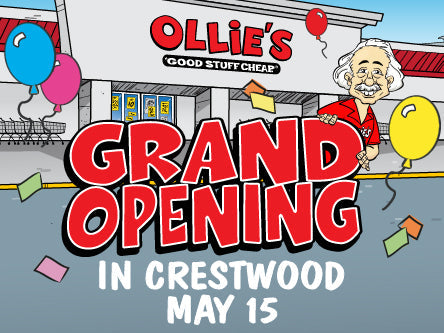 Colorful illustration announcing Ollie's Grand Opening in Crestwood on May 15 with balloons and confetti.