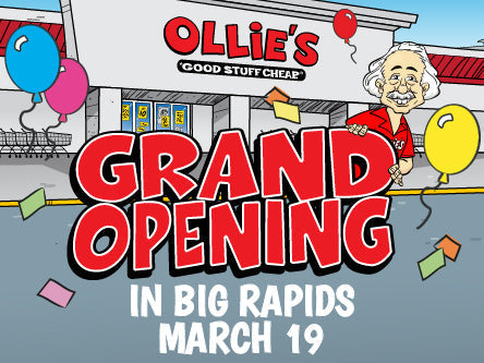 Ollie's Good Stuff Cheap grand opening celebration in Big Rapids on March 19 with colorful balloons and confetti.