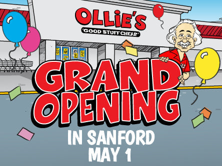 Ollie's Grand Opening in Sanford on May 1, featuring colorful balloons and festive decorations.