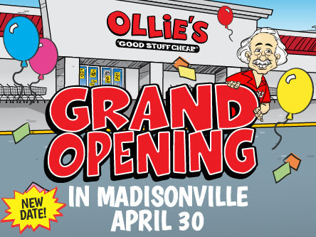 Ollie's Grand Opening in Madisonville, KY on April 30 with colorful balloons and festive design.