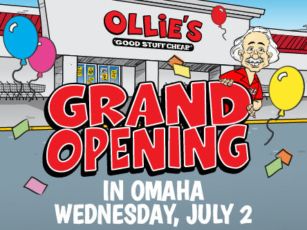 Ollie's Grand Opening celebration in Omaha with balloons and cheerful mascot, July 2 announcement.