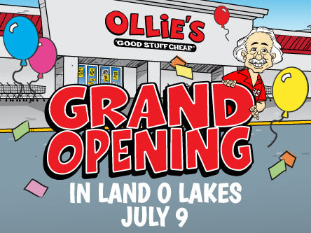 Ollie's Store Grand Opening in Land O' Lakes on July 9 with festive balloons and happy mascot.