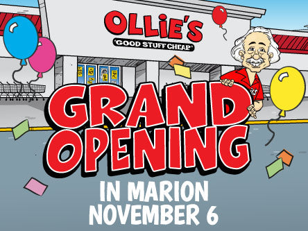 Ollie in front of store with text: Grand opening in Marion 11/6.