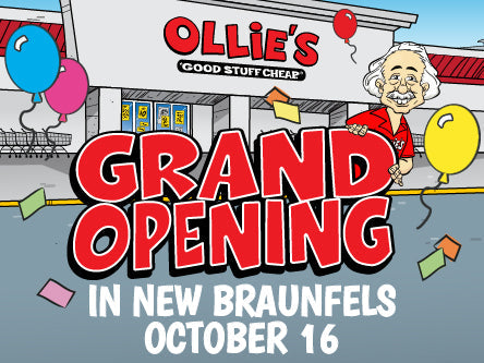 Image of Ollie coming out of store with text that reads "Grand opening in New Braunfels 10/16"