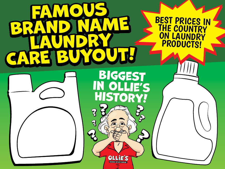 Colorful graphic promoting famous brand laundry care buyout with Ollie's prices highlighted.