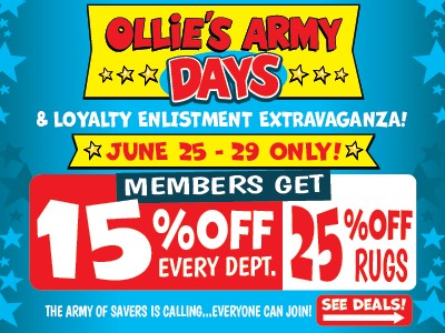Colorful promotional graphic for Ollie's Army Days with discount details for June 25-29, 15% off every department and 25% off rugs.