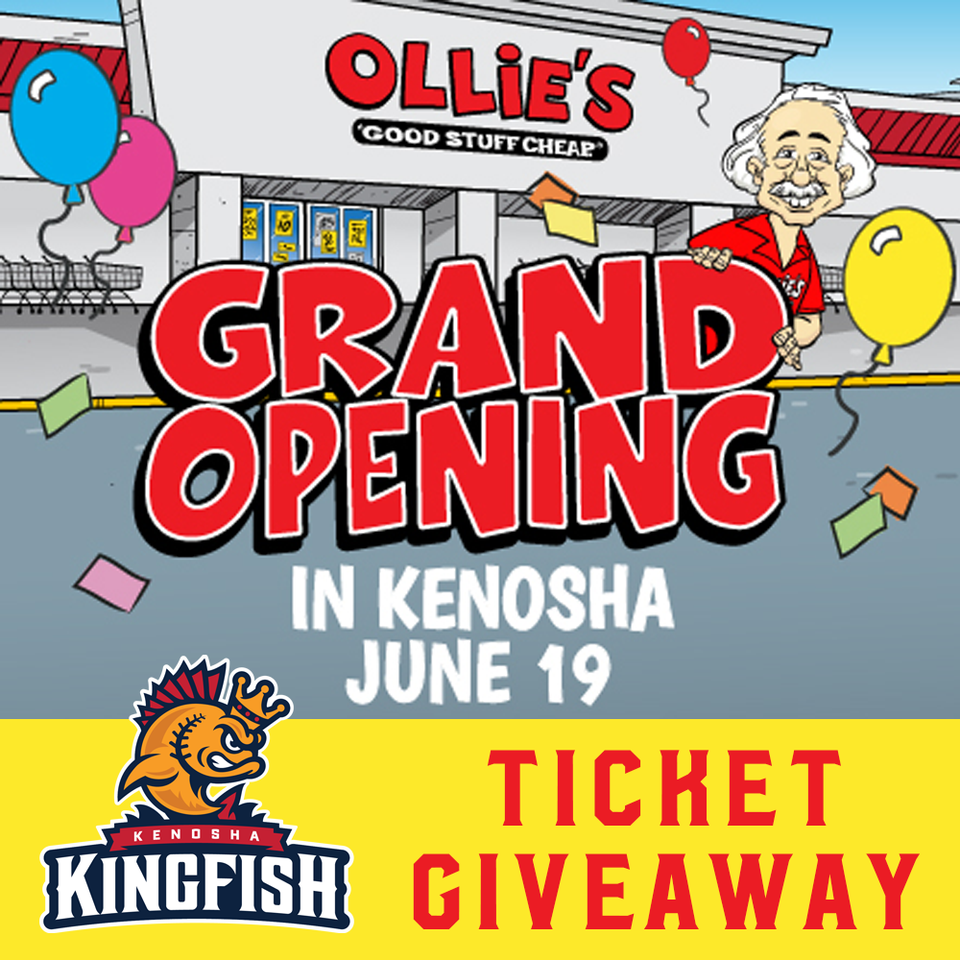 Ollie's Kenosha grand opening poster with balloons, June 19, featuring ticket giveaway and cheerful mascot.