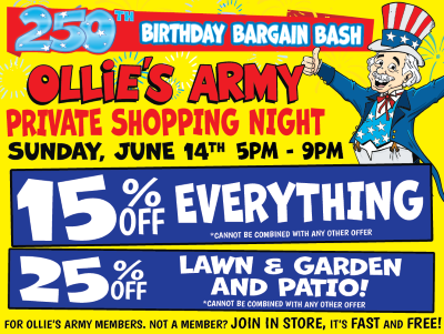 Promotional flyer for Ollie's Army Private Shopping Night with a cartoon character in patriotic attire.