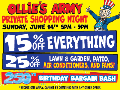 Promotional flyer for Ollie's Army Private Shopping Night with a cartoon character in patriotic attire.