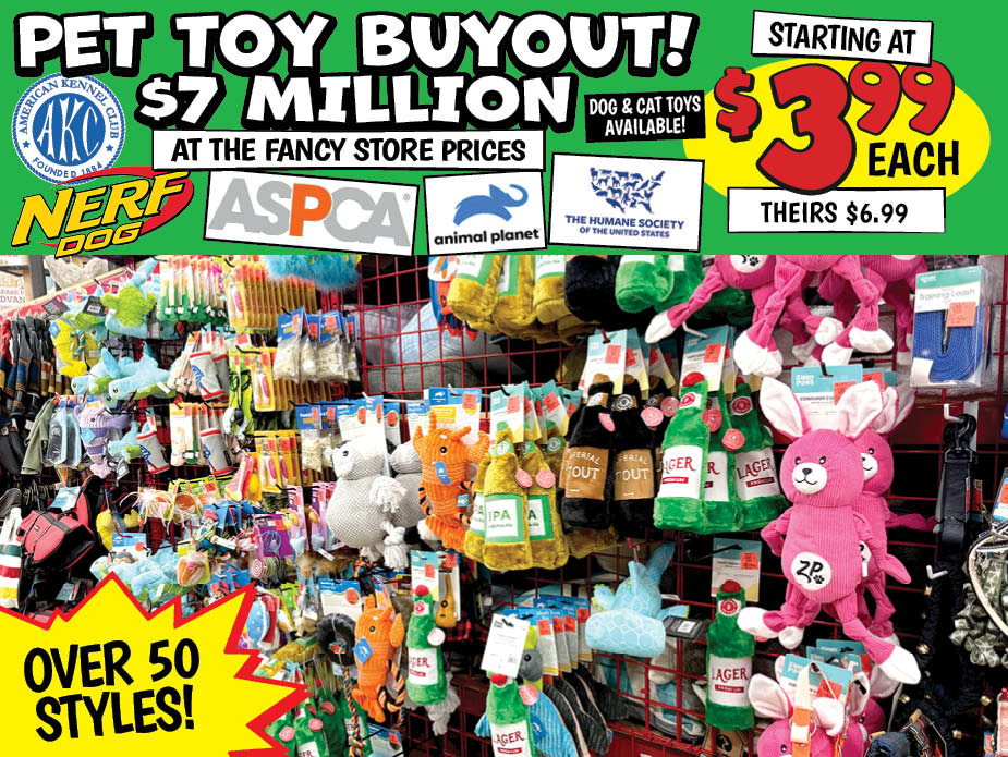 Colorful display of pet toys with prices starting at $3.99 for over 50 unique styles. Perfect for dogs and cats!