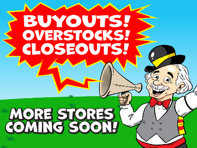 Playful illustration of a man with a megaphone promoting upcoming stores with vibrant callouts.