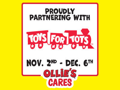 Promotional graphic for Toys for Tots partnership with Ollie's Cares on a yellow background