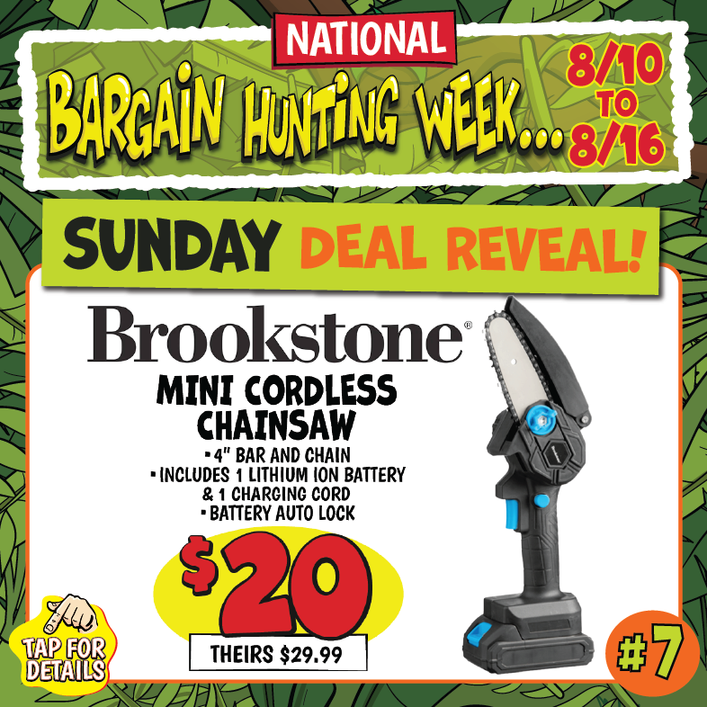 Banner with text: Sunday Deal Reveal! Brookstone Mini Cordless Chainsaw. 4" bar and chain, includes 1 lithium ion battery & 1 charging cord, battery auto lock. $20, theirs $29.99. Tap for details.