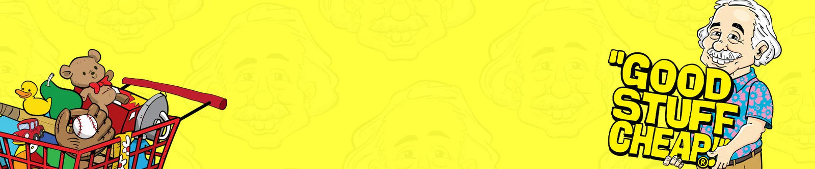 Cart filled with toys, man exclaims "GOOD STUFF CHEAP!"