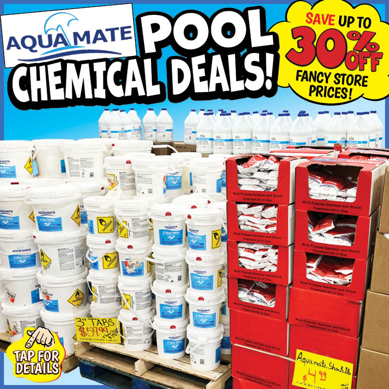 Banner with text: Aquamate Pool Chemical Deals! Save up to 30% off fancy stores! Tap for details.