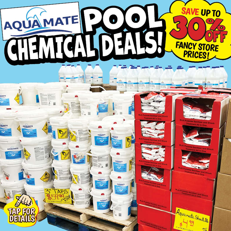 Banner with text: Aquamate Pool Chemical Deals! Save up to 30% off fancy store prices! Tap for details.