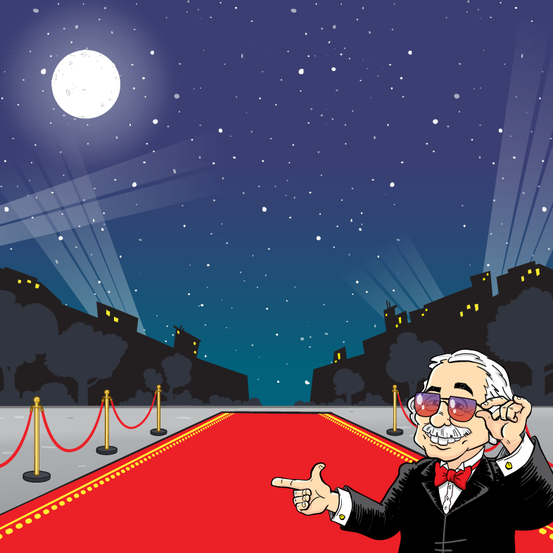 Ollie in front of the red carpet like a Hollywood film premiere. 