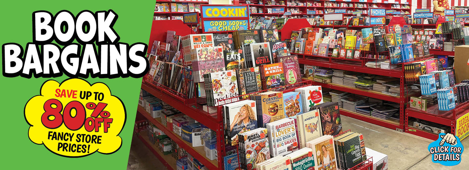 Banner with text: Book Bargains, save up to 80% off fancy store prices! Click for details. 