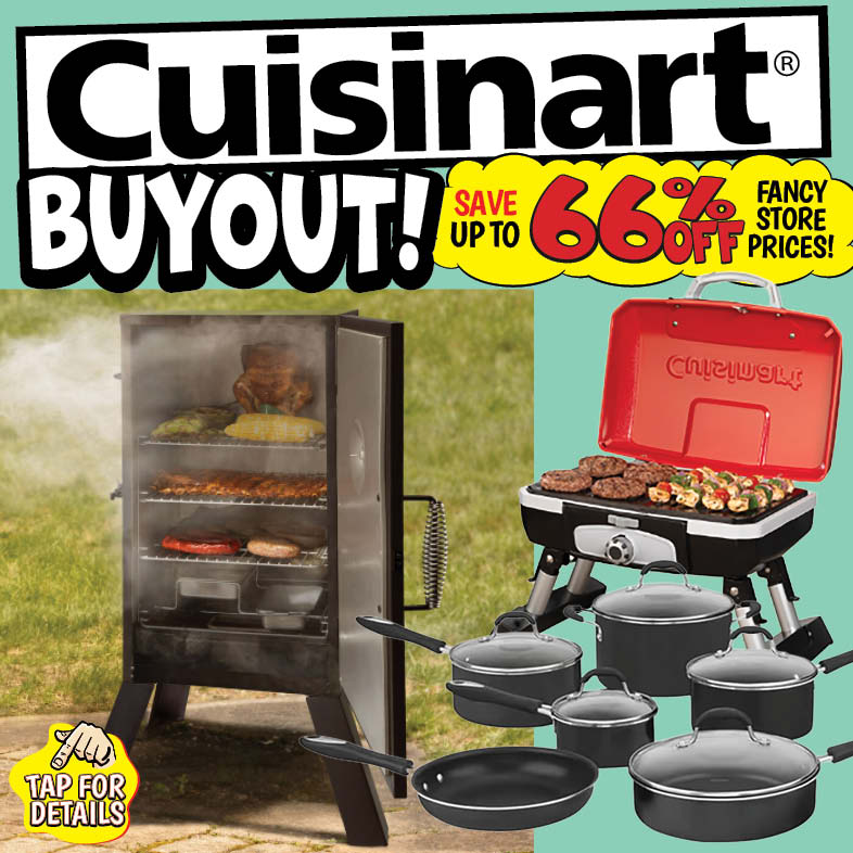 Banner with text: Cuisinart Buyout! Save up to 66% off fancy store prices! Tap for details.