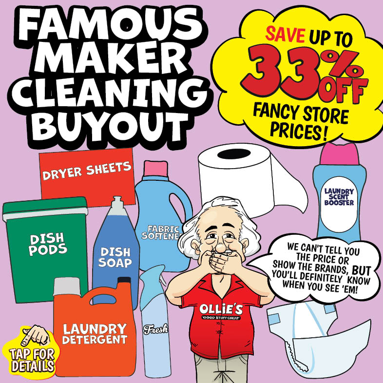 Banner with text: Famous Maker Cleaning Buyout. Save up to 33% off fancy store prices! Tap for details. We can't tell you the prices or show the brands, but you'll definitely know when you see 'em!