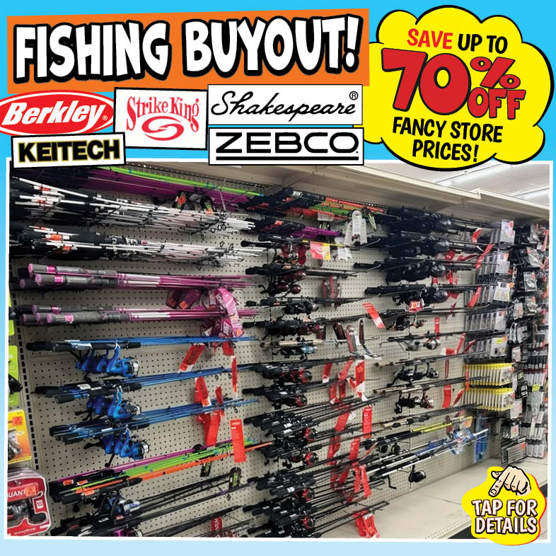 Banner with text: Fishing Buyout! erkley, Keitech, Strike King, Shakespeare, & Zebco. Save up to 70% off fancy store prices! Tap for details.