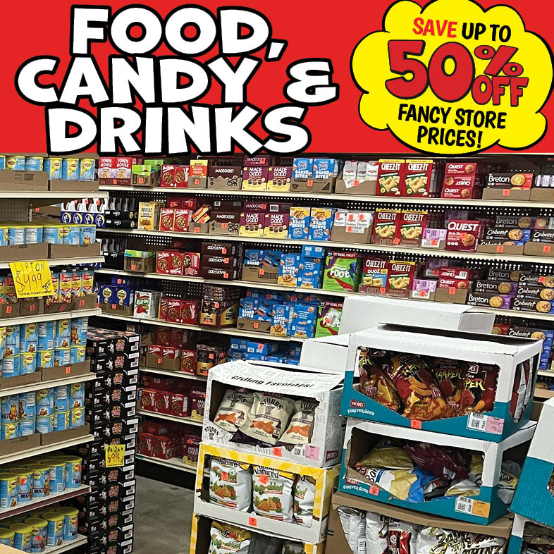 Banner with text: Food, candy, & drinks, save up to 50% off fancy store prices! Tap for details.