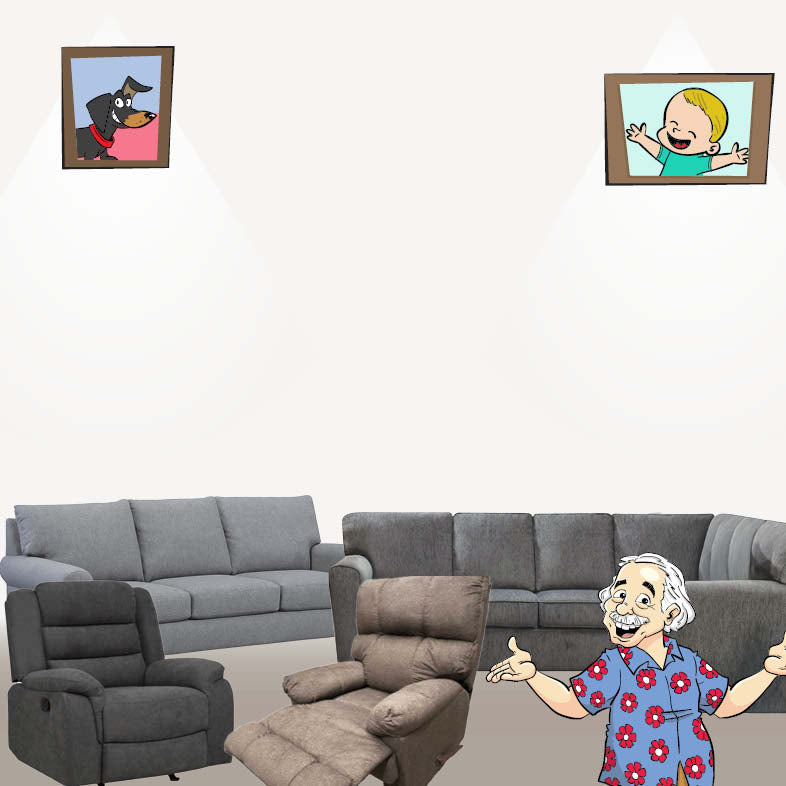 Ollie Surrounded by Furniture in his furnished apartment with photos of his family.