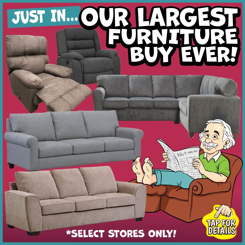 Banner with text: Just in... our largest furniture buy ever! *select stores only! Tap for details.
