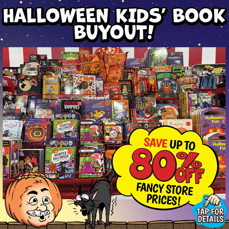 Banner with text: Halloween kids' book buyout! Save up to 80% fancy store prices! Tap for details.