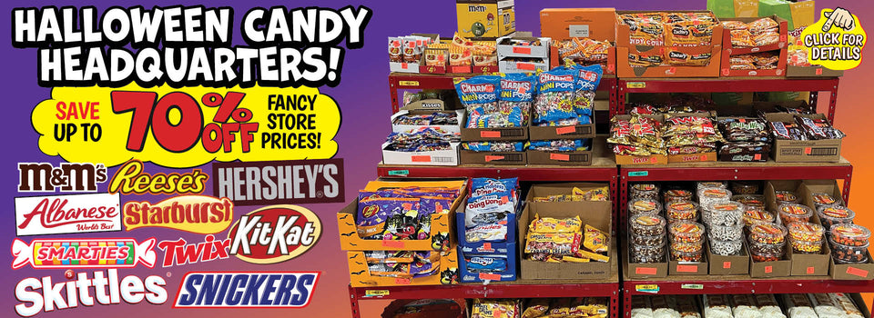 Banner with text: Halloween Candy Headquarters! Save up to 70% off fancy store prices! Click for details.