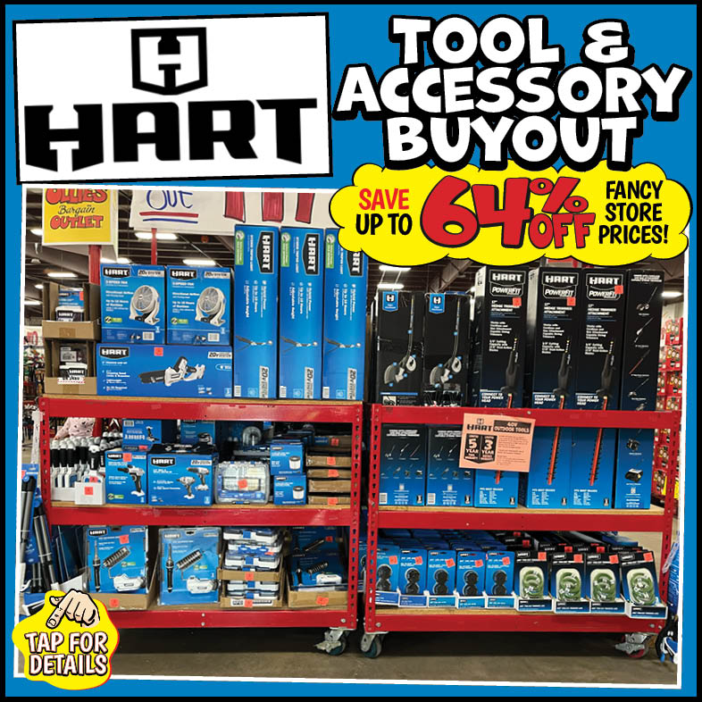 Banner with text: Hart Tool & Accessory Buyout. Save up to 64% off fancy store prices! Tap for details.